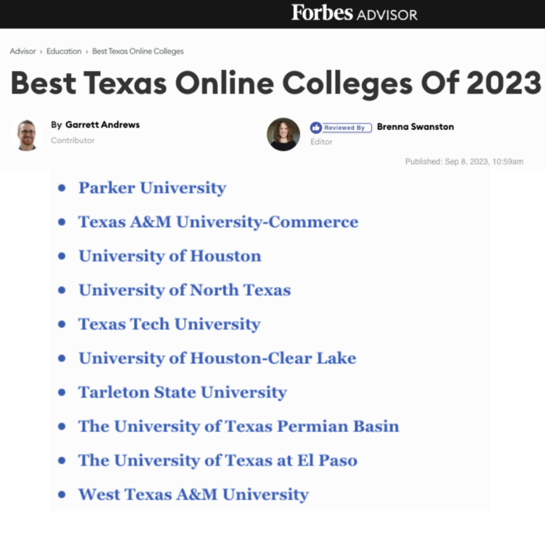 Parker University is proud to share that it has been recognized by Forbes Advisor on the esteemed “Best Master’s in Dietetics Online for 2023” and “Best Texas Online Colleges of 2023” lists!