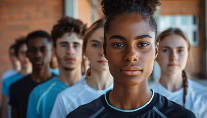 Several young people are photographed from shoulders up in a triangle with one person in the foreground. They are wearing very serious faces.