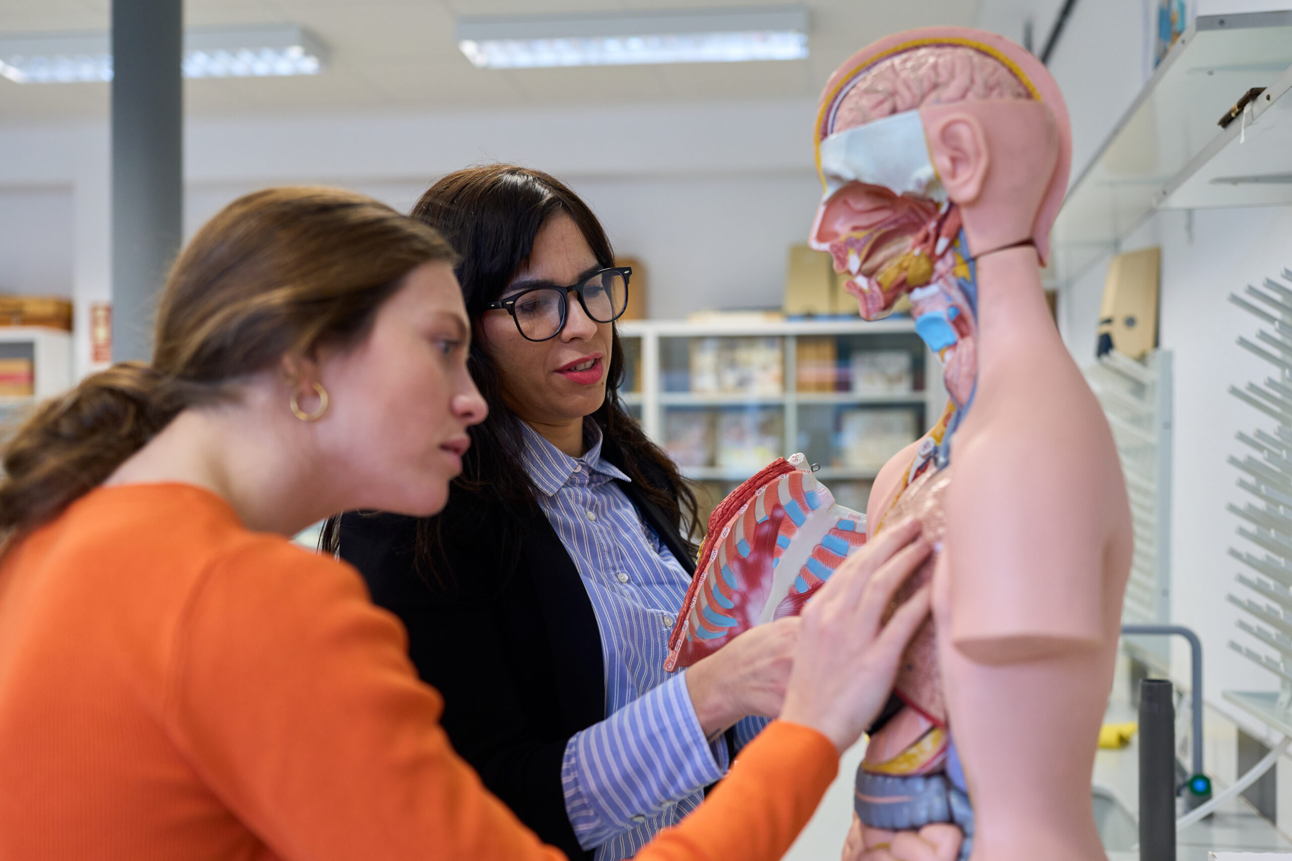 High school teacher explaining human anatomy to students using ...