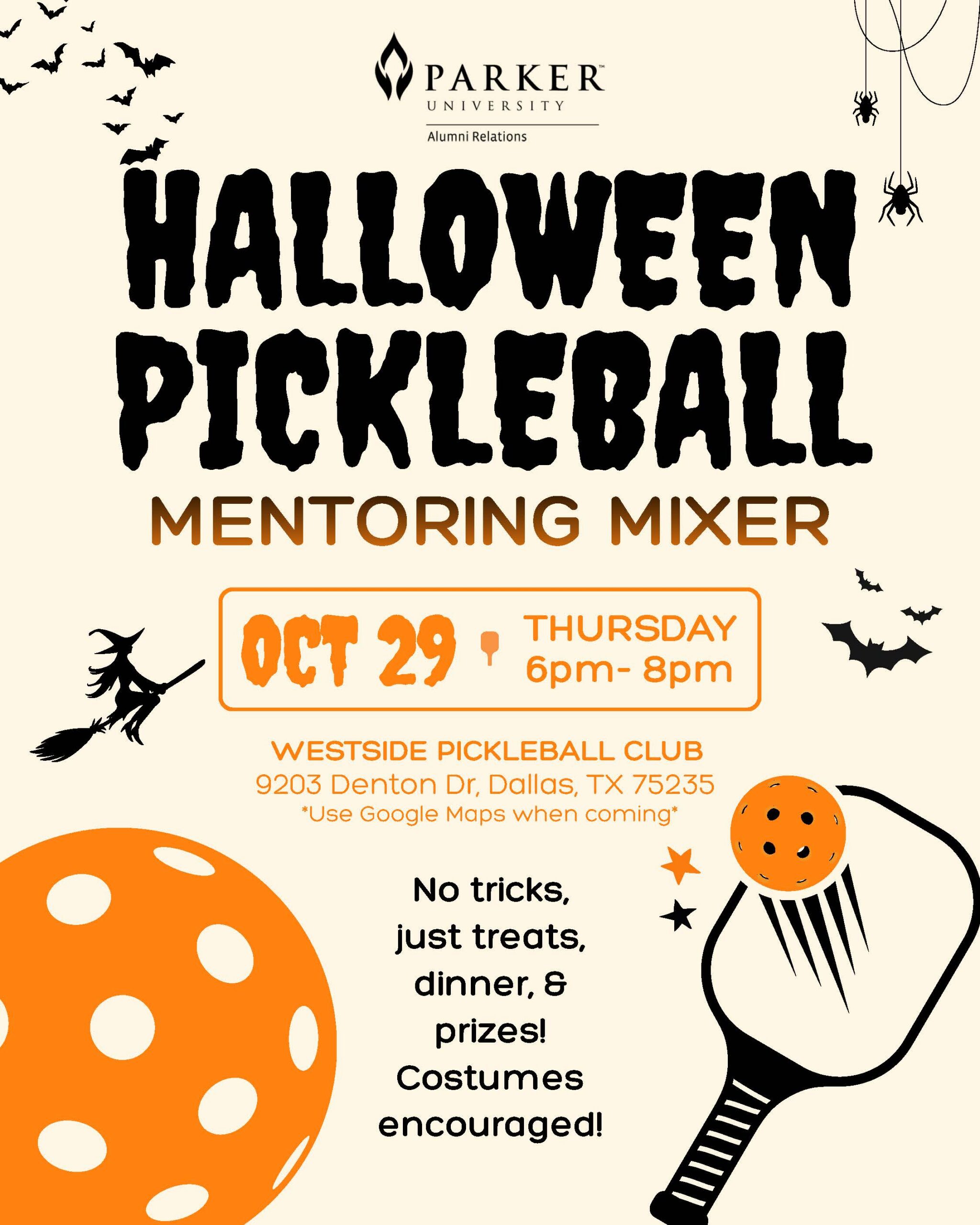 Halloween Pickleball Mentoring Mixer Flyer event date October 29 from 6pm-8pm in Westside Pickleball Club