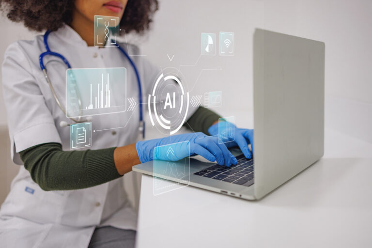 Medical professional typing on a laptop with virtual ai interface displaying data, dna, and medical records