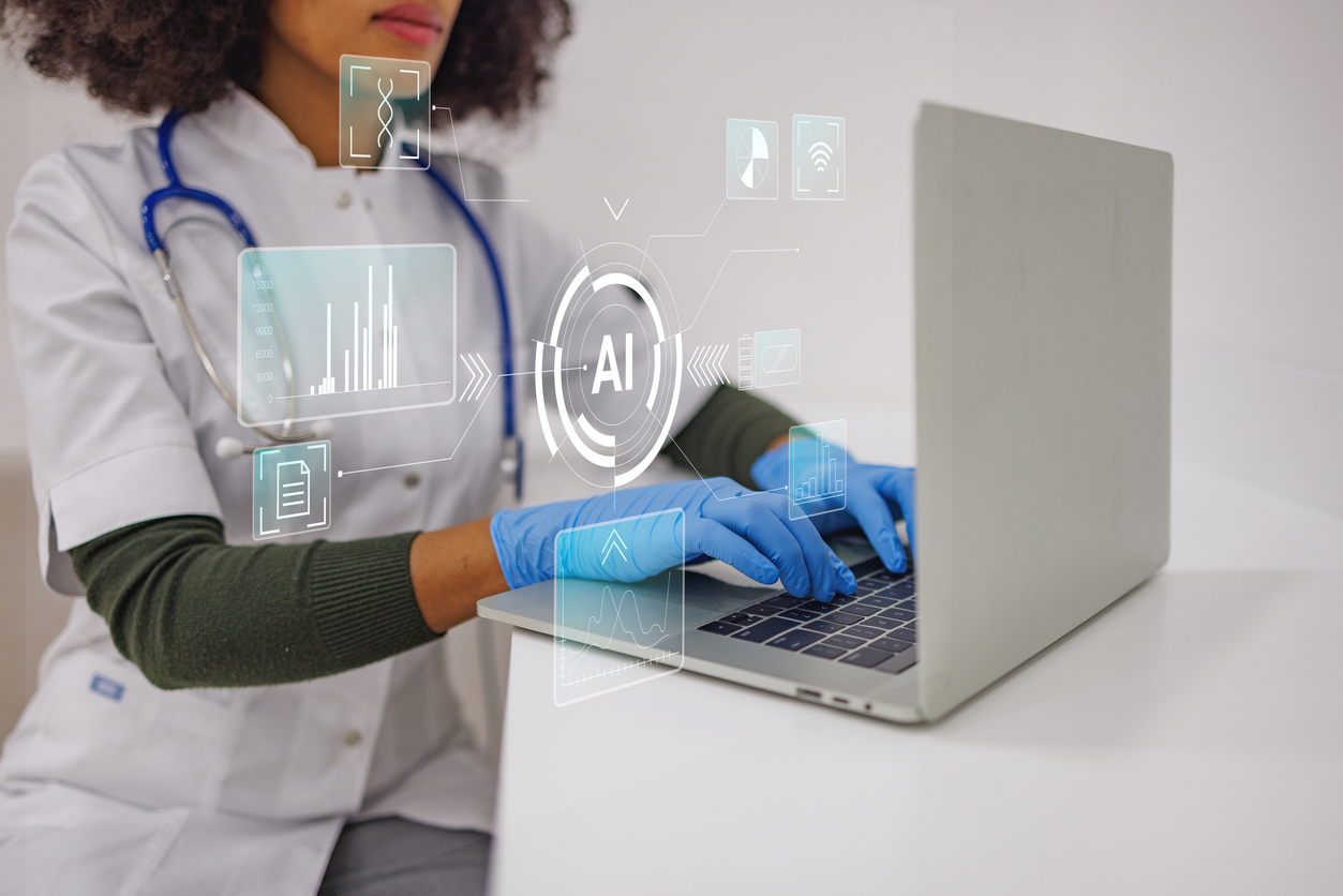 Medical professional typing on a laptop with virtual ai interface displaying data, dna, and medical records